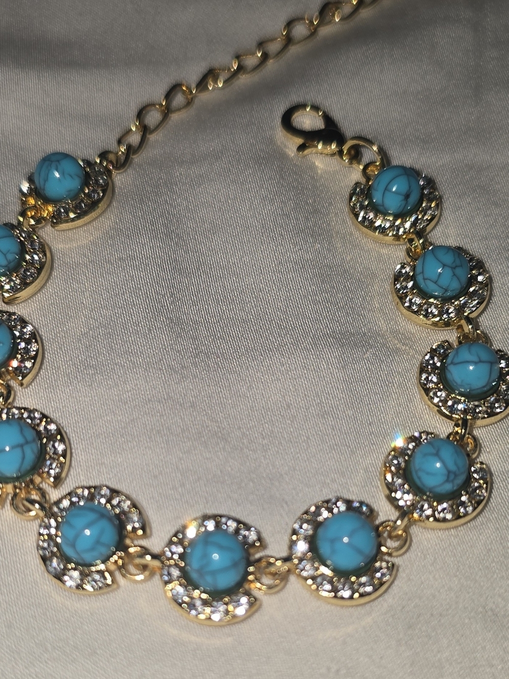 NWOT Gold Tone Faux Turquoise & Crystal Rhinestone Link Bracelet Boho 6-8 in